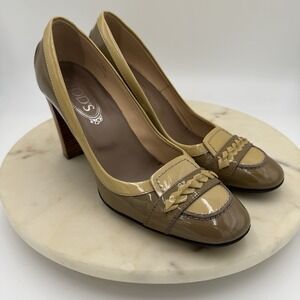 TOD's Shoes Women's EU 39.5 Beige Brown Patent Leather Block Heel Loafer Pumps
